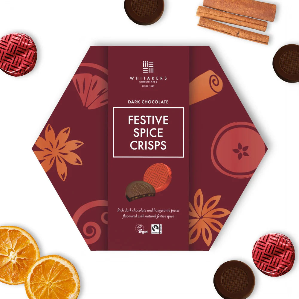 Rich dark chocolate crisps with aromatic festive spices