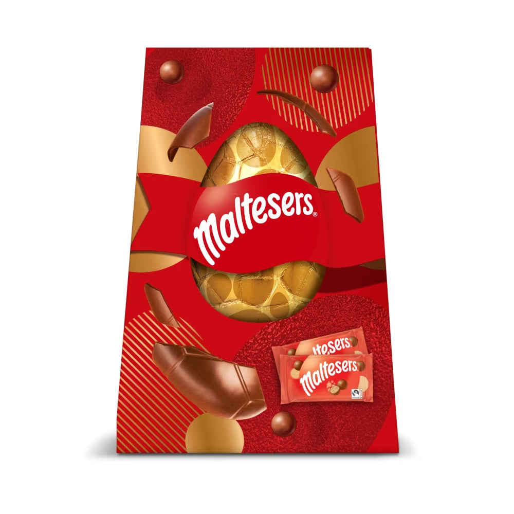 Hollow milk chocolate egg with 2 bags of Maltesers inside
