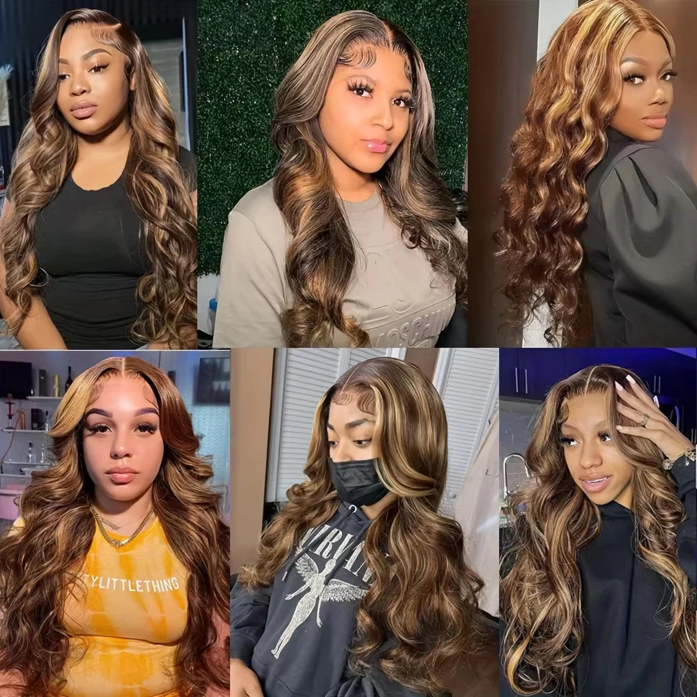 13x4 HD transparent lace front body wave wig P4/27 highlight remy hair