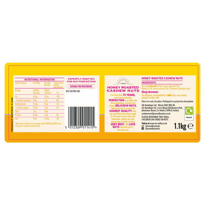 Premium cashews roasted with honey and salt in large 1.1kg tub