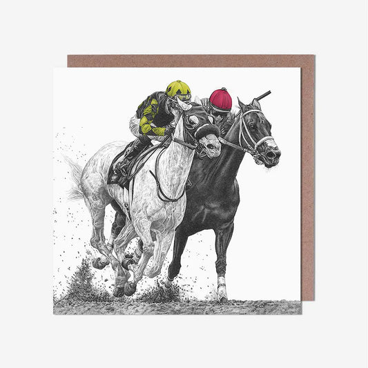 Horse Racing Blank Greeting Card featuring a stylish design, perfect for sending thoughtful messages and celebrations.