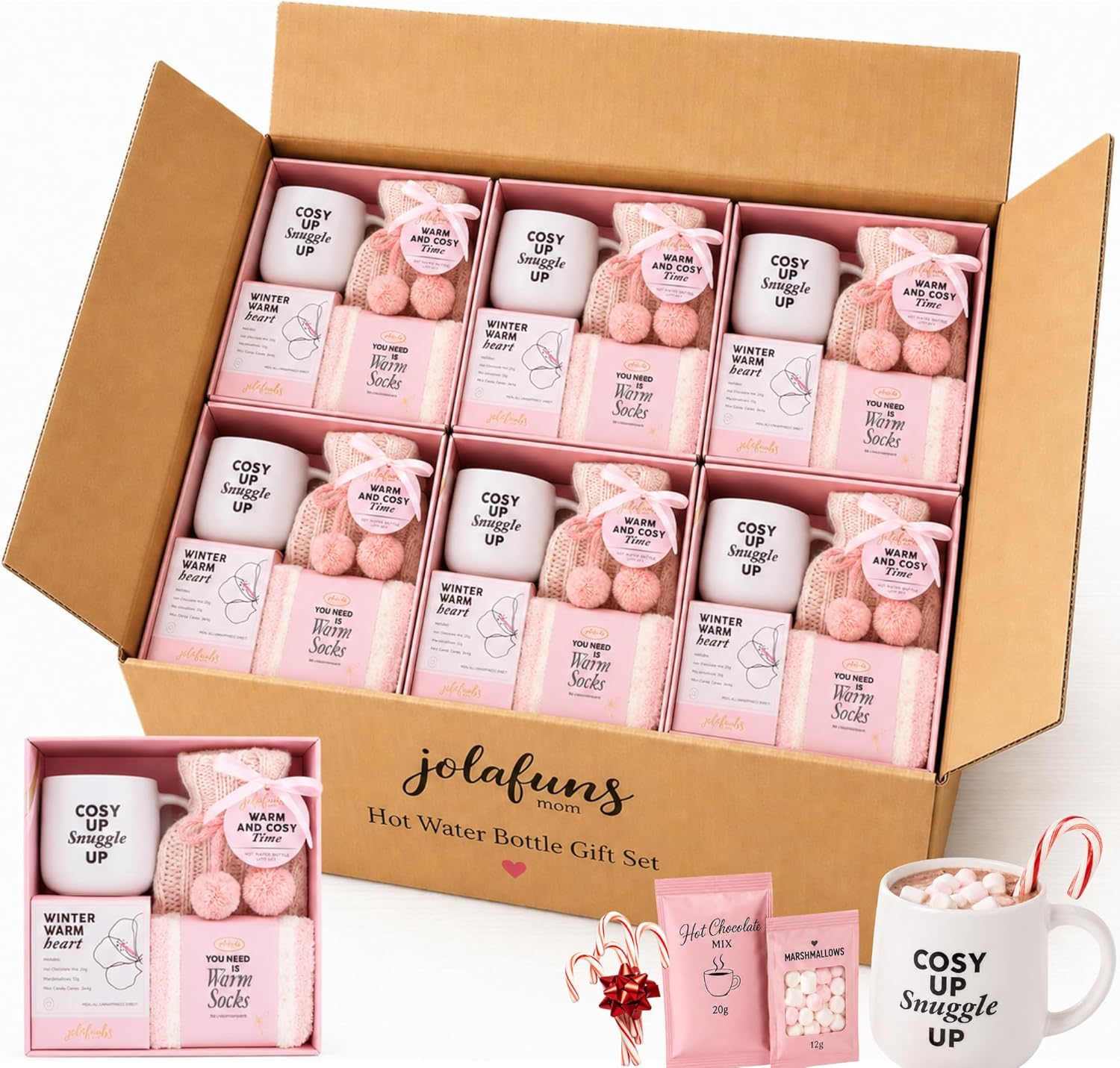 Box of 6 hot water bottle gift sets with cozy winter bundle