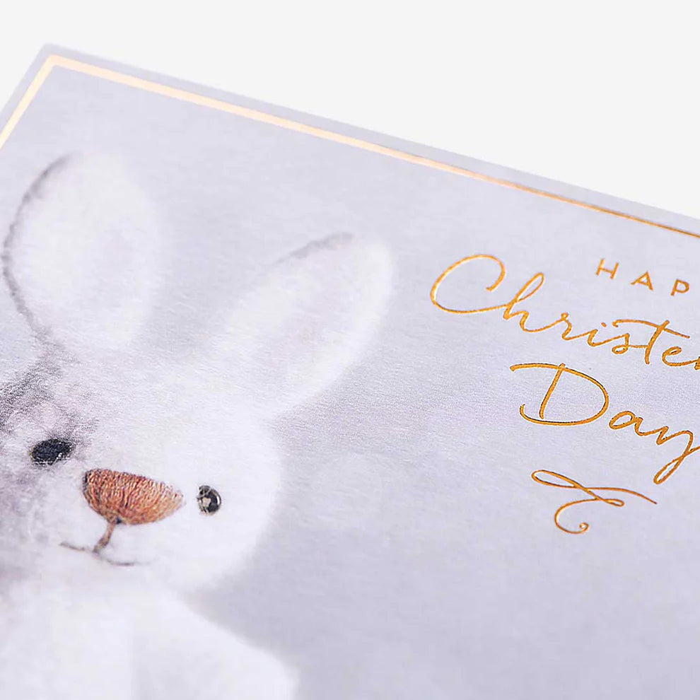 Elegant christening card featuring a sweet bunny design, perfect for sharing heartfelt blessings on a special baptism day.