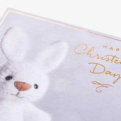Elegant christening card featuring a sweet bunny design, perfect for sharing heartfelt blessings on a special baptism day.