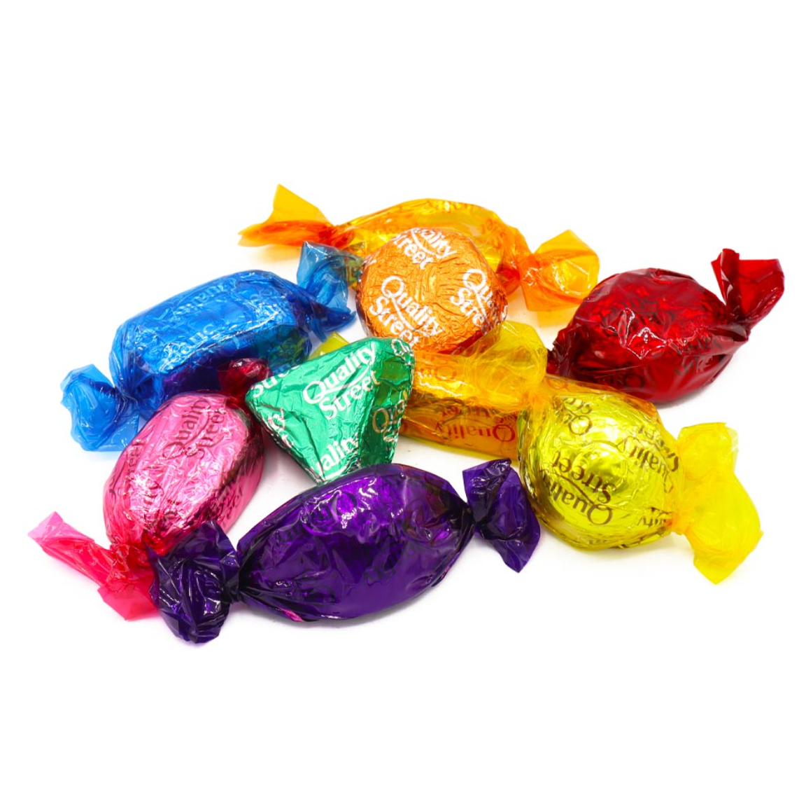 Individually wrapped chocolate sweets in Quality Street bulk box
