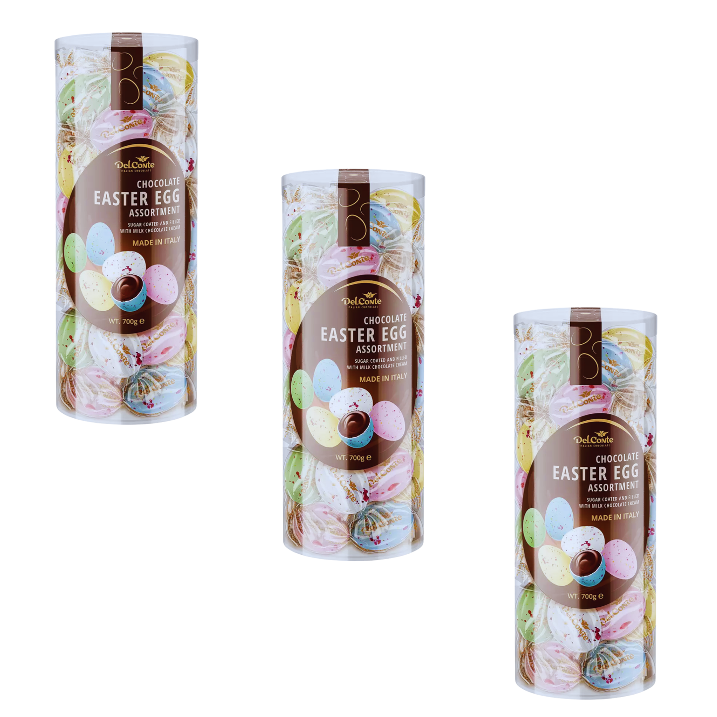 Individually wrapped pastel-coloured speckled eggs