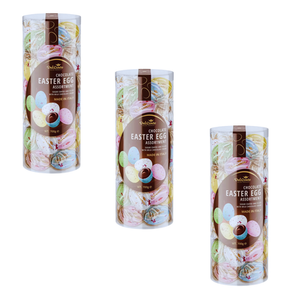 Individually wrapped pastel-coloured speckled eggs