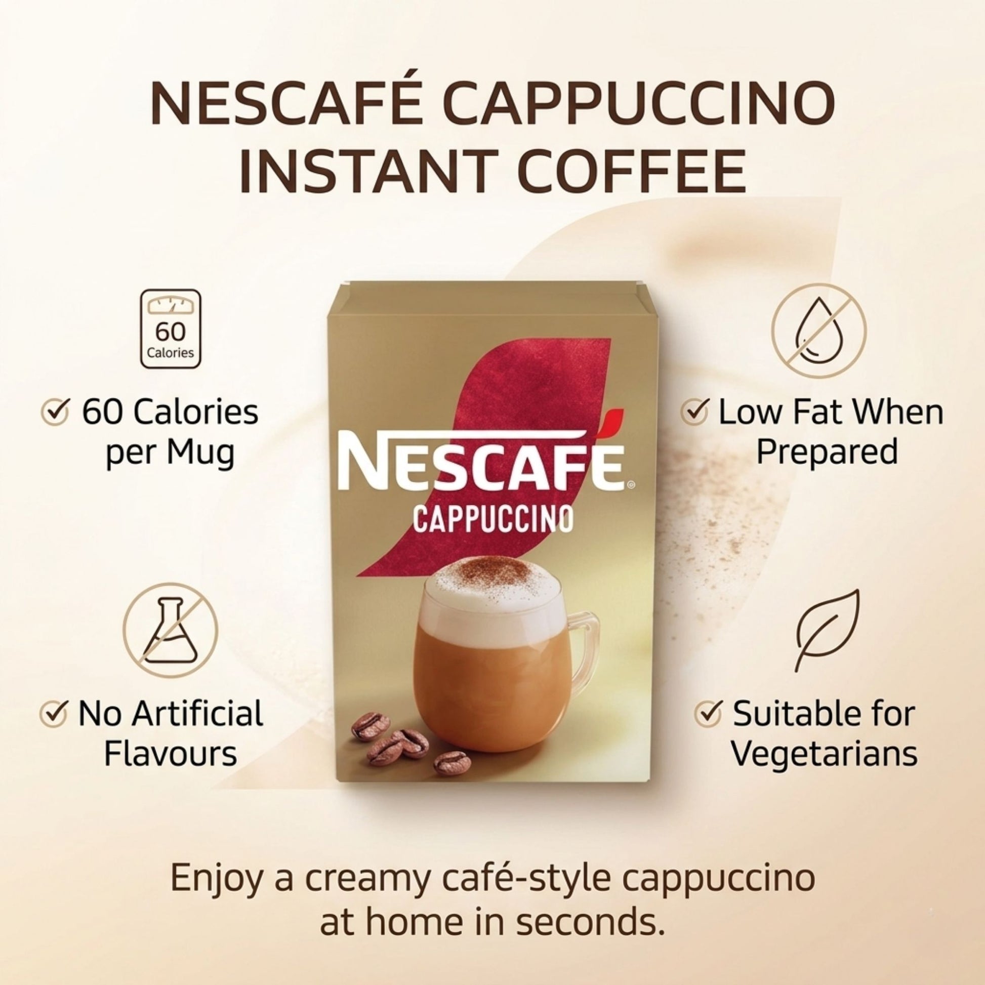 Low calorie 60 kcal per mug cappuccino coffee sachets