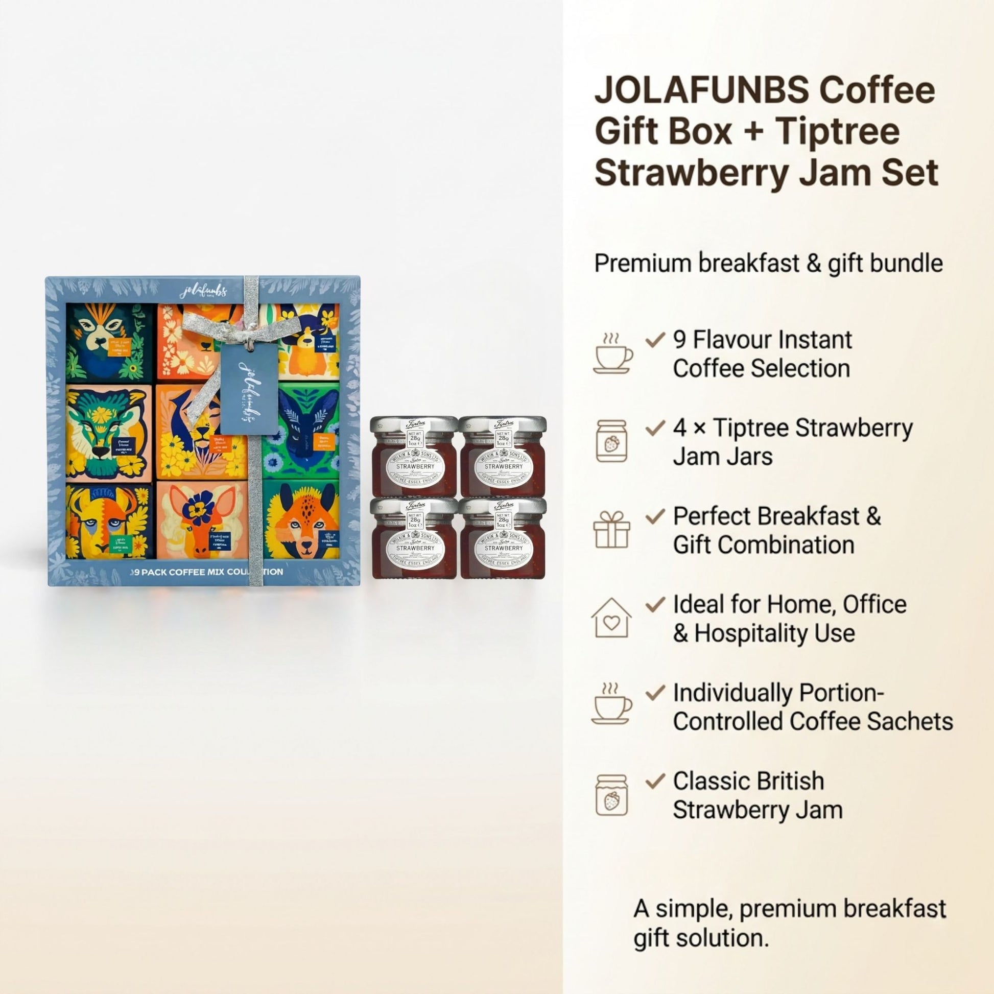 Instant coffee hamper with 9 flavour selection and jam jars