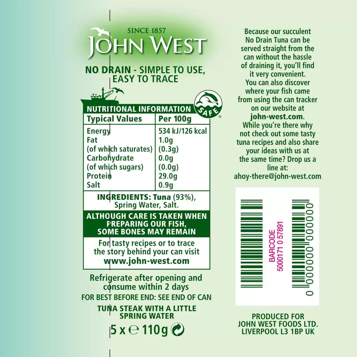 Sustainably sourced John West Tuna in Spring Water, 5-pack