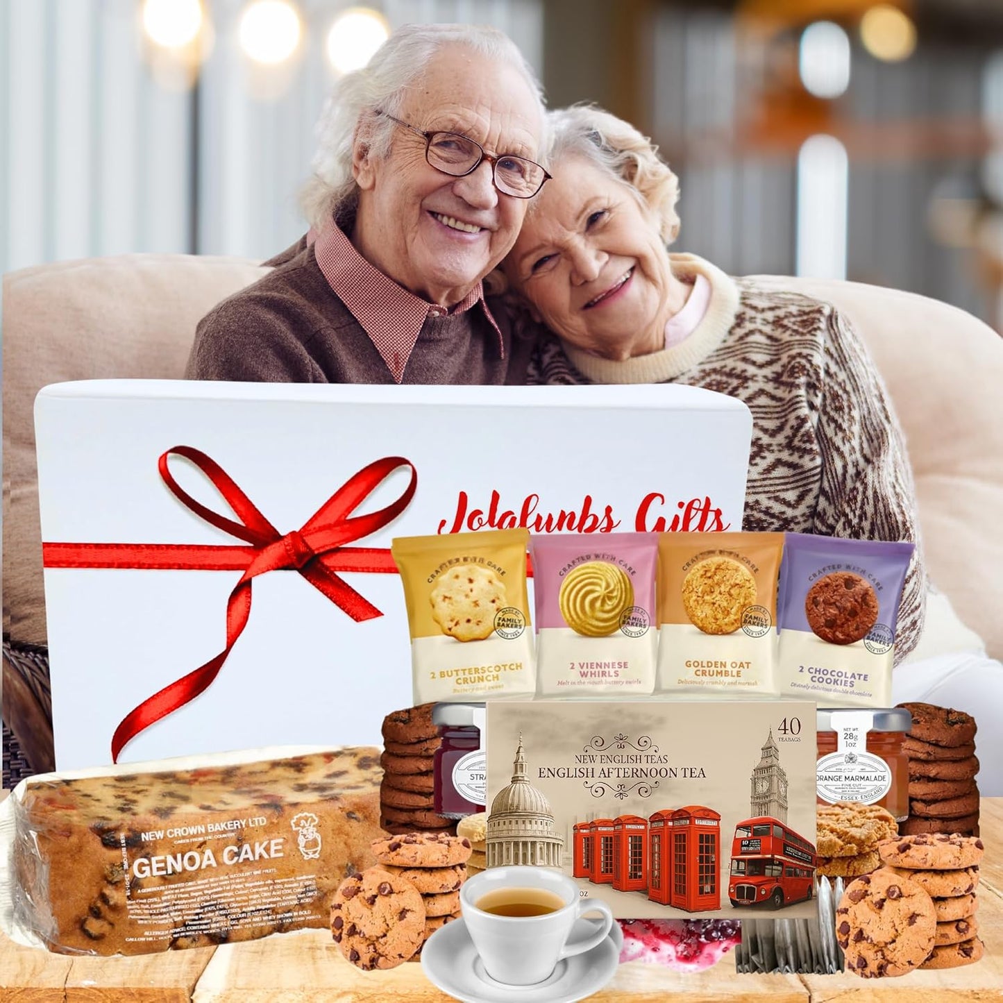 Elegant white hamper box with tea and treats