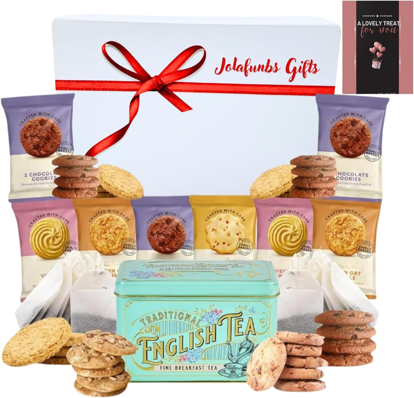 JOLAFUNBS tea hamper with 40 teabags and biscuits