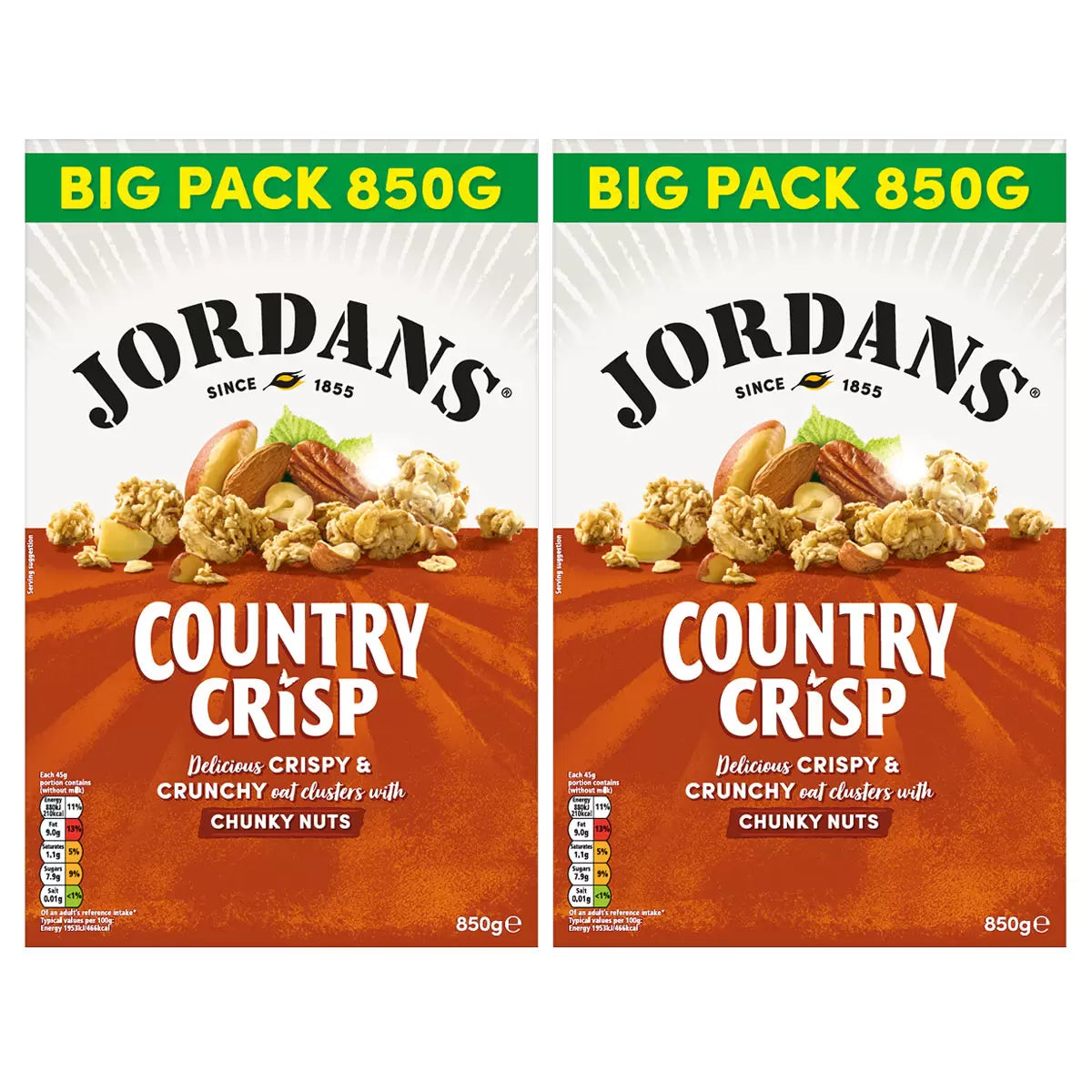Jordans Country Crisp Chunky Nuts cereal with crunchy oats and nuts in a twin pack
