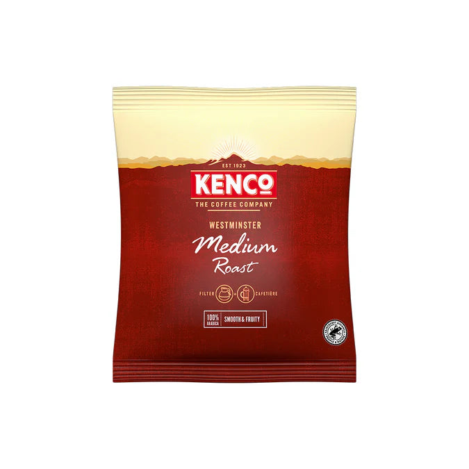 Multiple portioned 60g packs of Kenco Westminster ground coffee arranged in rows.