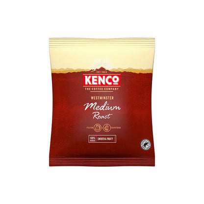 Multiple portioned 60g packs of Kenco Westminster ground coffee arranged in rows.