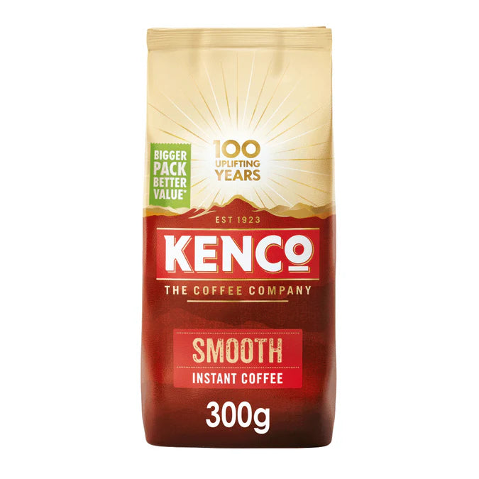  Kenco Smooth Roast Instant Coffee 300g refill bag on kitchen counter.