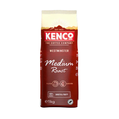 Bulk pack of six Kenco Westminster 1kg ground coffee bags stacked together.