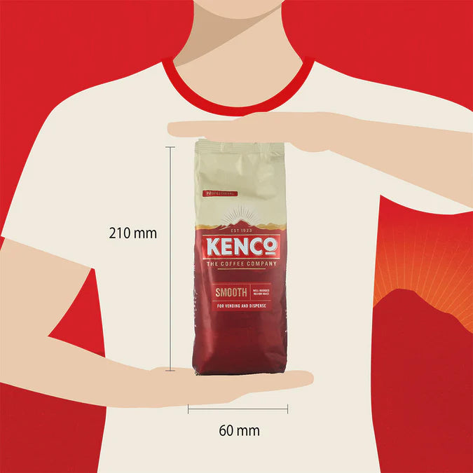 enco Smooth Roast Instant Coffee with roasted coffee beans on wooden surface.