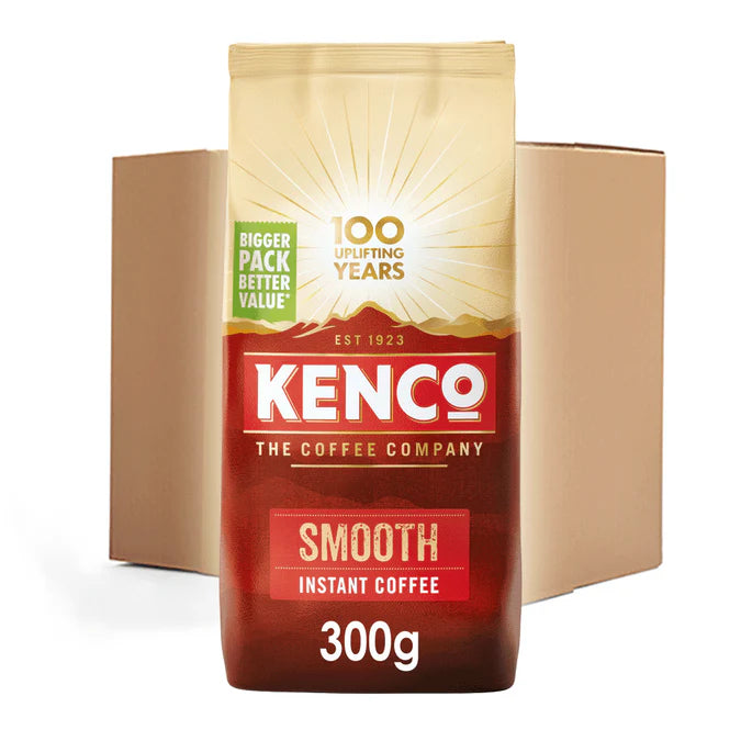 Kenco Smooth Roast Instant Coffee 10-pack case with 300g refill bags.