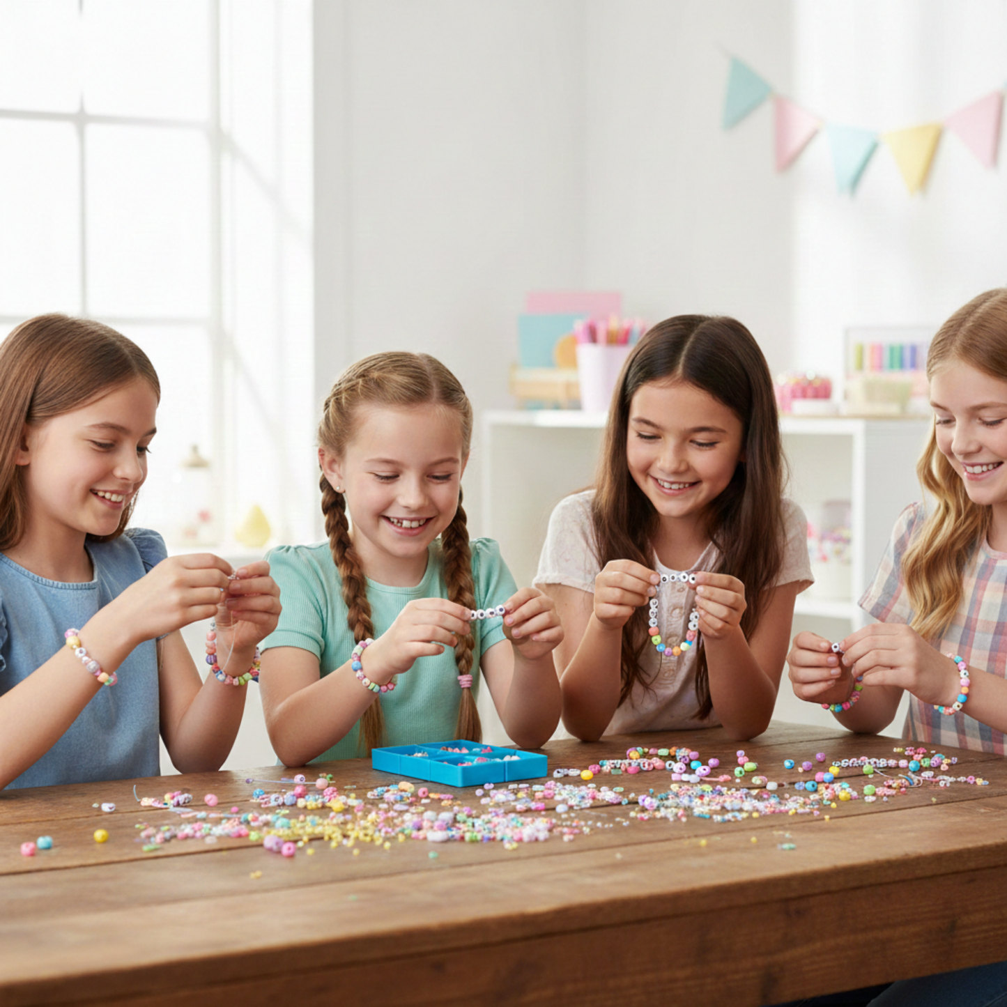 Includes circle beads, flower beads, letter beads, yellow beads, and rubber bands