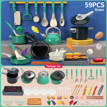 Set of green kitchen utensils and cookware with package list on a blue background