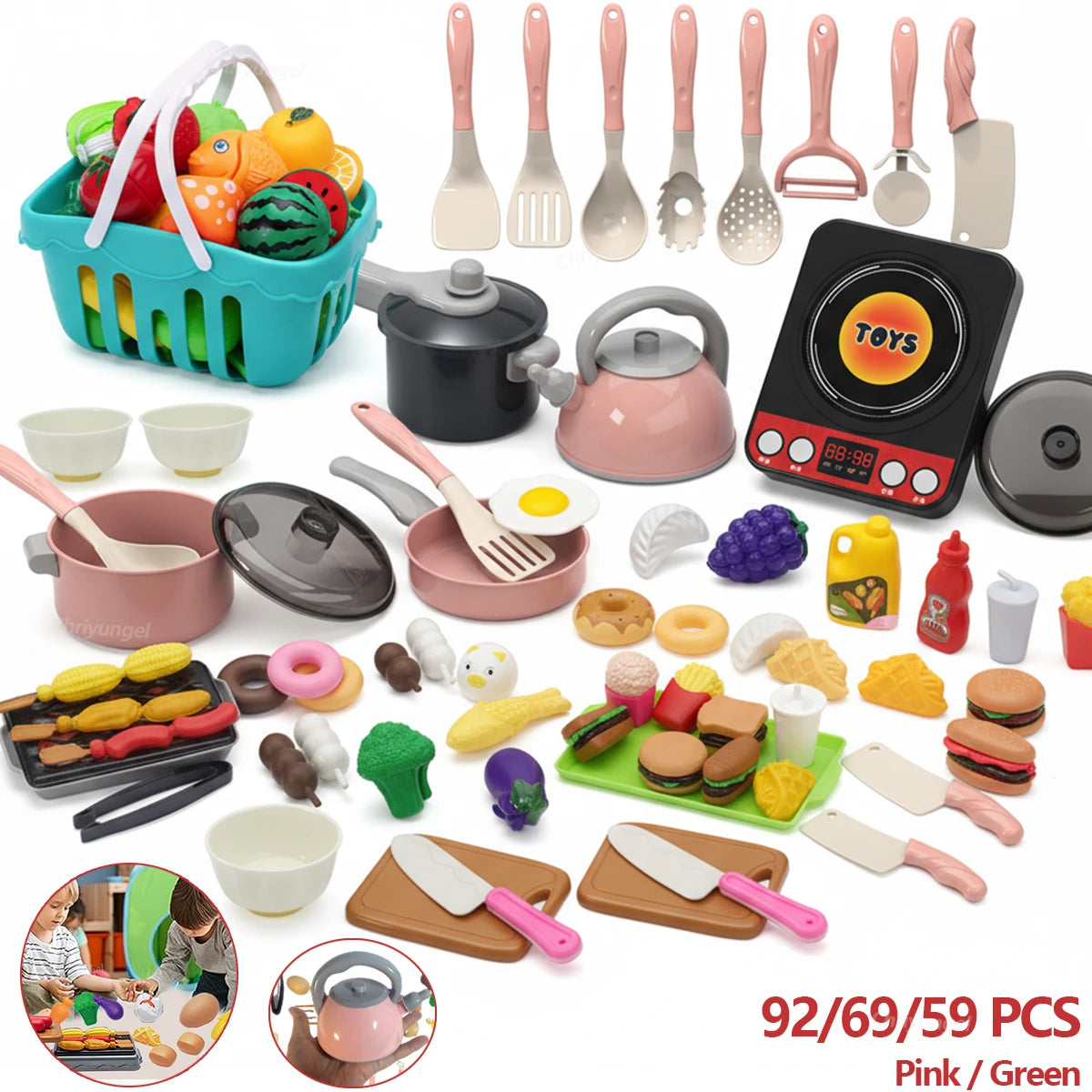 Kids kitchen play set 92 pieces with pots pans and utensils