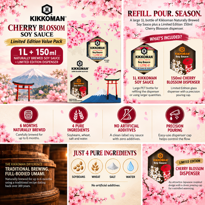 Kikkoman Cherry Blossom Value Pack infographic featuring 1L soy sauce, limited edition 150ml dispenser and brewing benefits