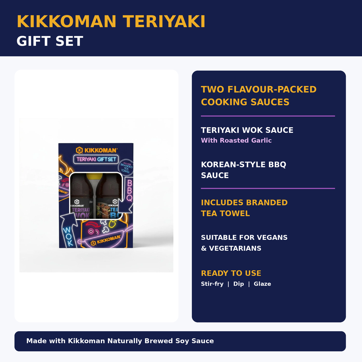 Kikkoman Teriyaki Gift Set infographic highlighting two sauces, branded tea towel and vegan suitability