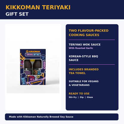 Kikkoman Teriyaki Gift Set infographic highlighting two sauces, branded tea towel and vegan suitability