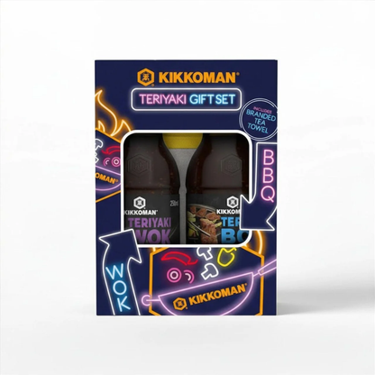 Kikkoman Teriyaki Gift Set box showing two sauce bottles through its display window