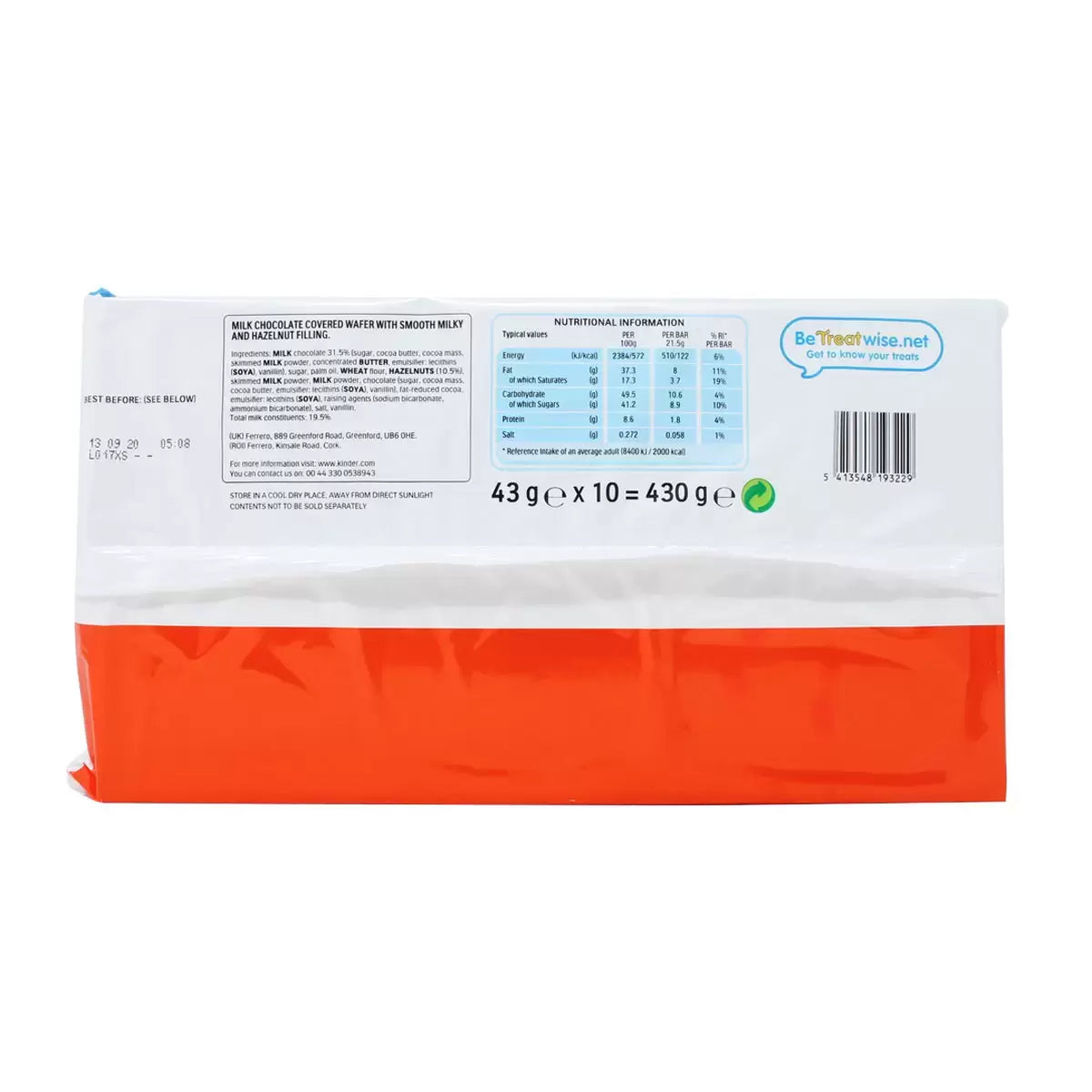Packaging details of Kinder Bueno 10 x 43g