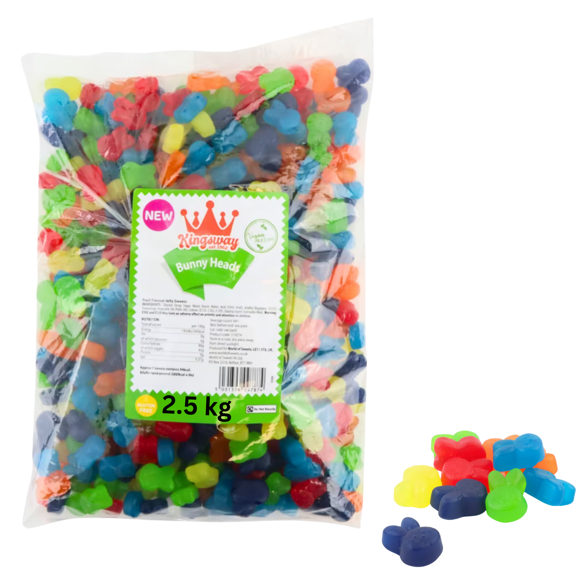 Kingsway Bunny Heads Bag fruit flavoured jelly sweets 2.5kg and 5kg