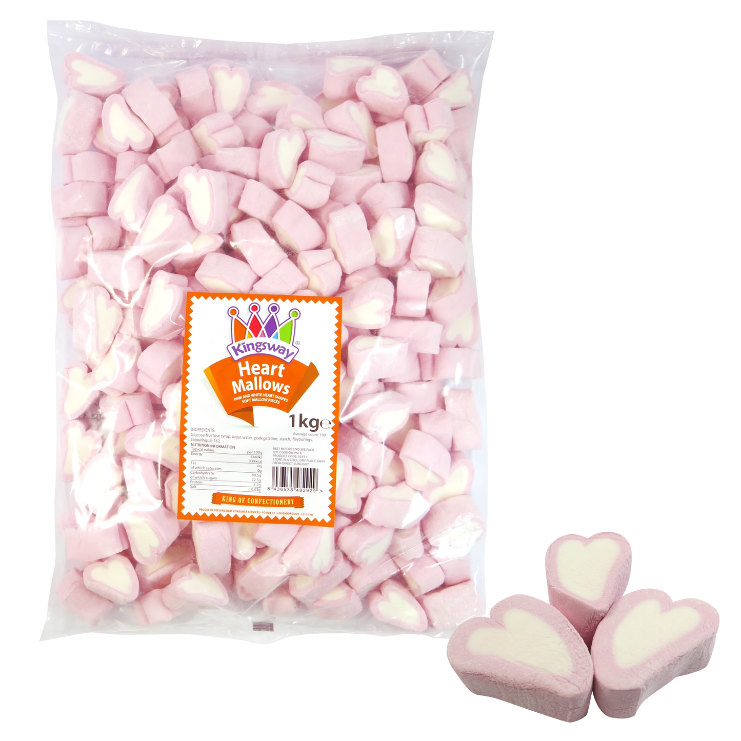 Kingsway Mallow Hearts 1kg vanilla marshmallows