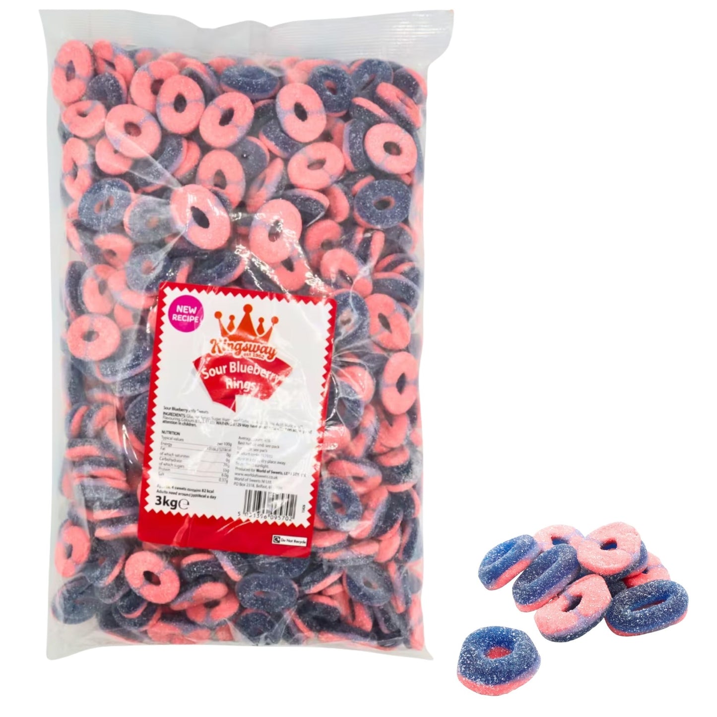 Kingsway Sour Blueberry Rings 3kg Sour sugar-coated blueberry rings