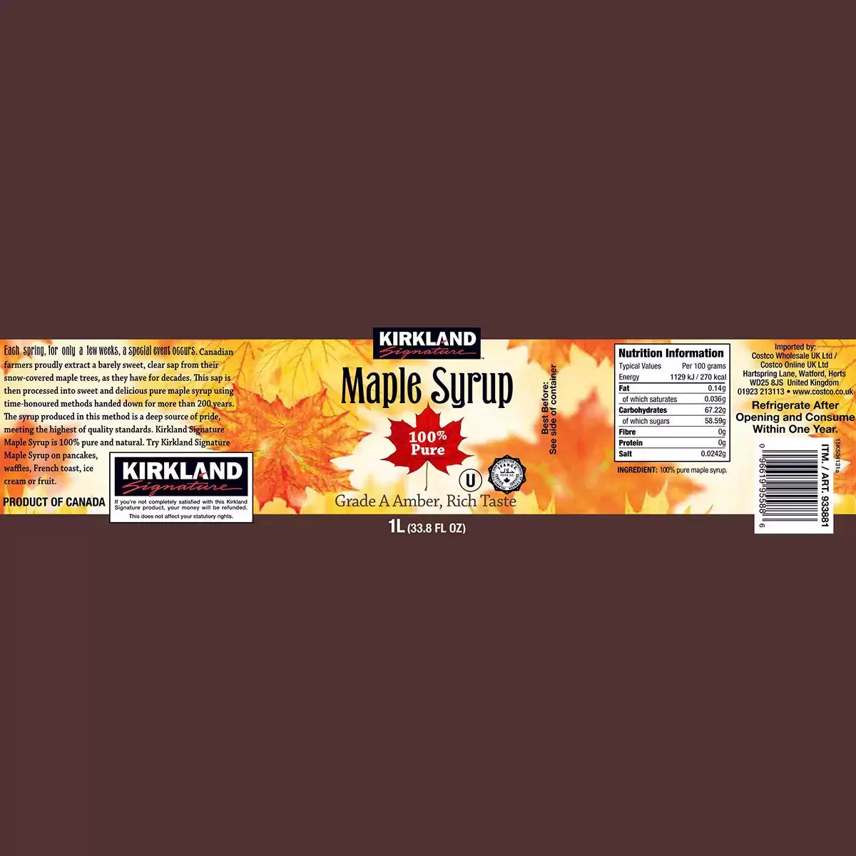 Kosher certified Kirkland Signature Maple Syrup, natural and pure 1L