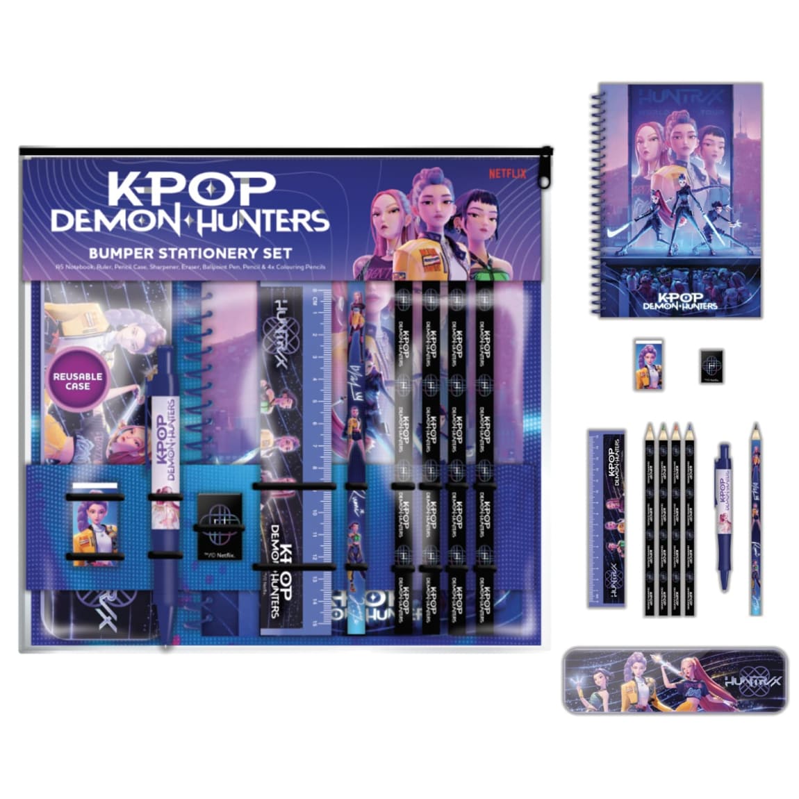 Complete kids stationery kit including pen, eraser, and sharpener