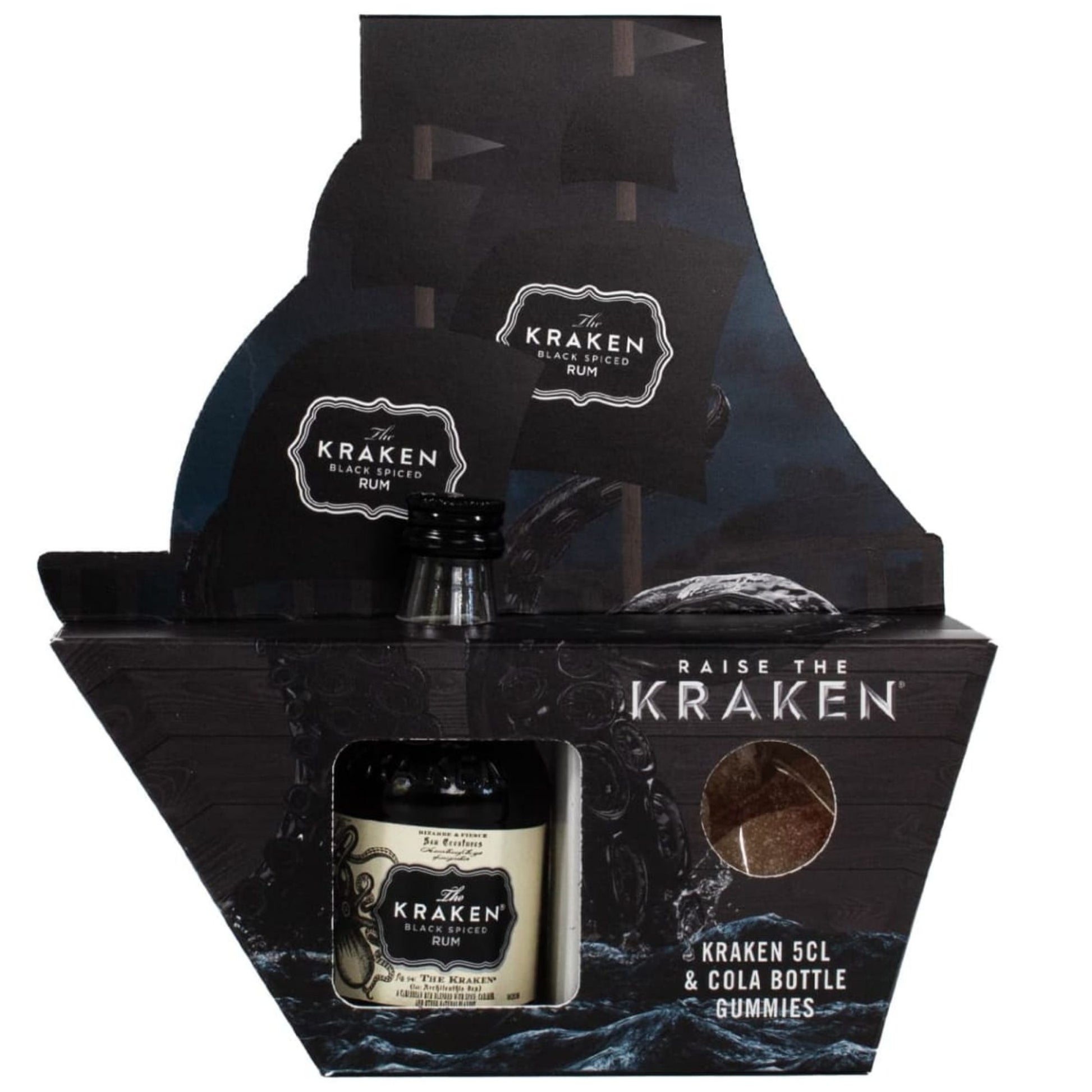 Miniature Kraken rum paired with cola bottle gummies