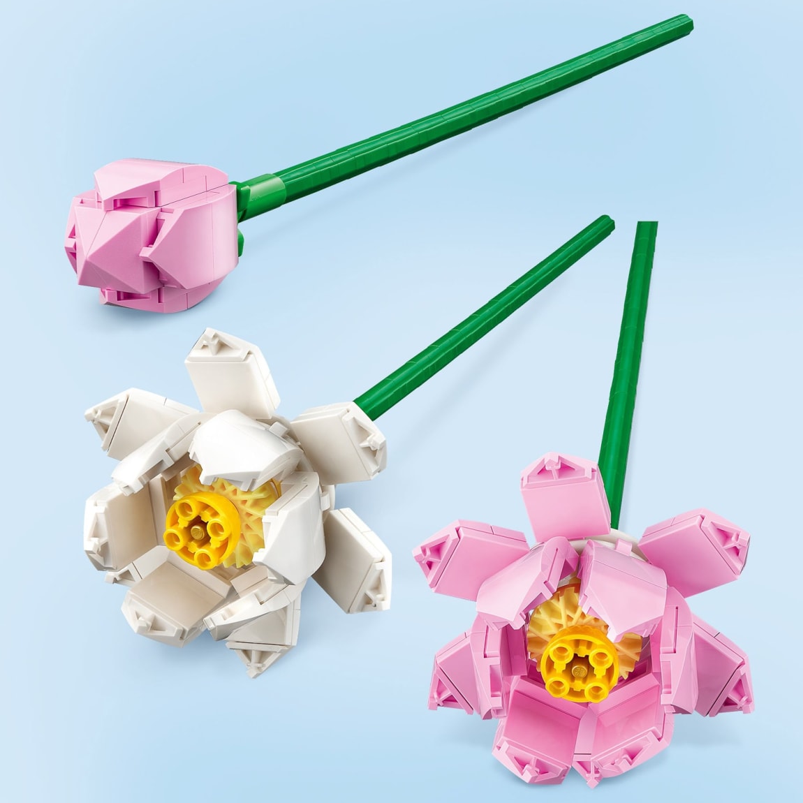 Pink and white LEGO lotus flower display
