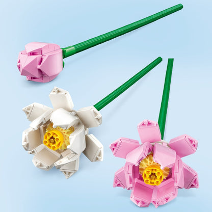 Pink and white LEGO lotus flower display