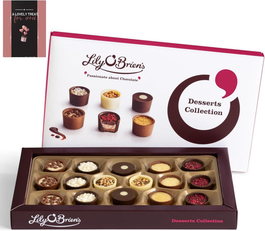 Lily O'Brien Chocolate Dessert Box with 16 assorted chocolates, milk, white, and dark