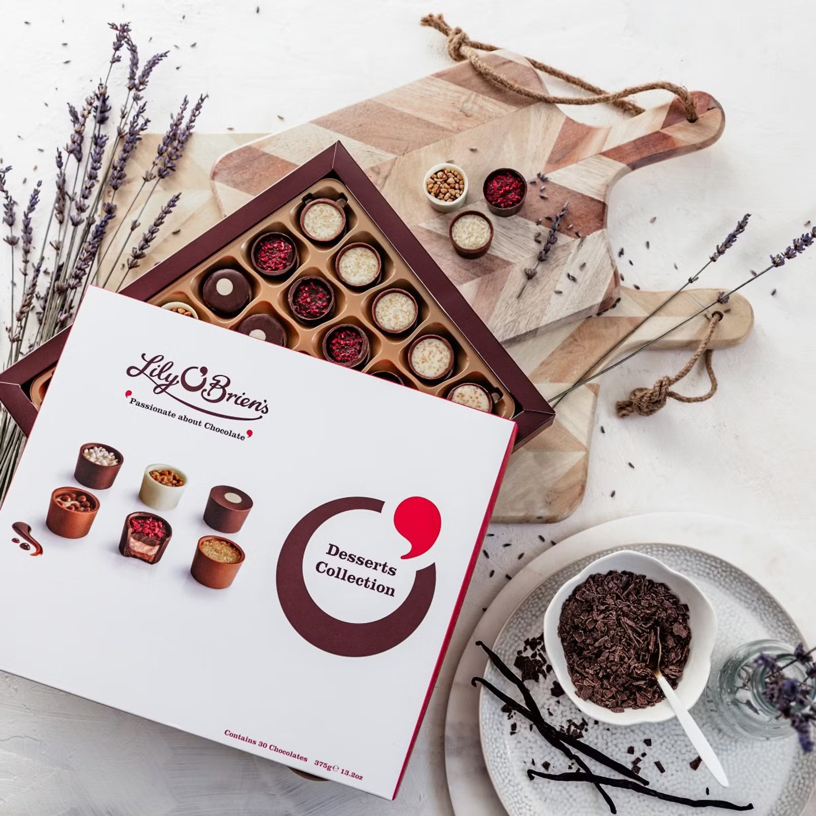 Handcrafted indulgent chocolates including Raspberry Infusion, Banoffee Pie, and Key Limey Pie