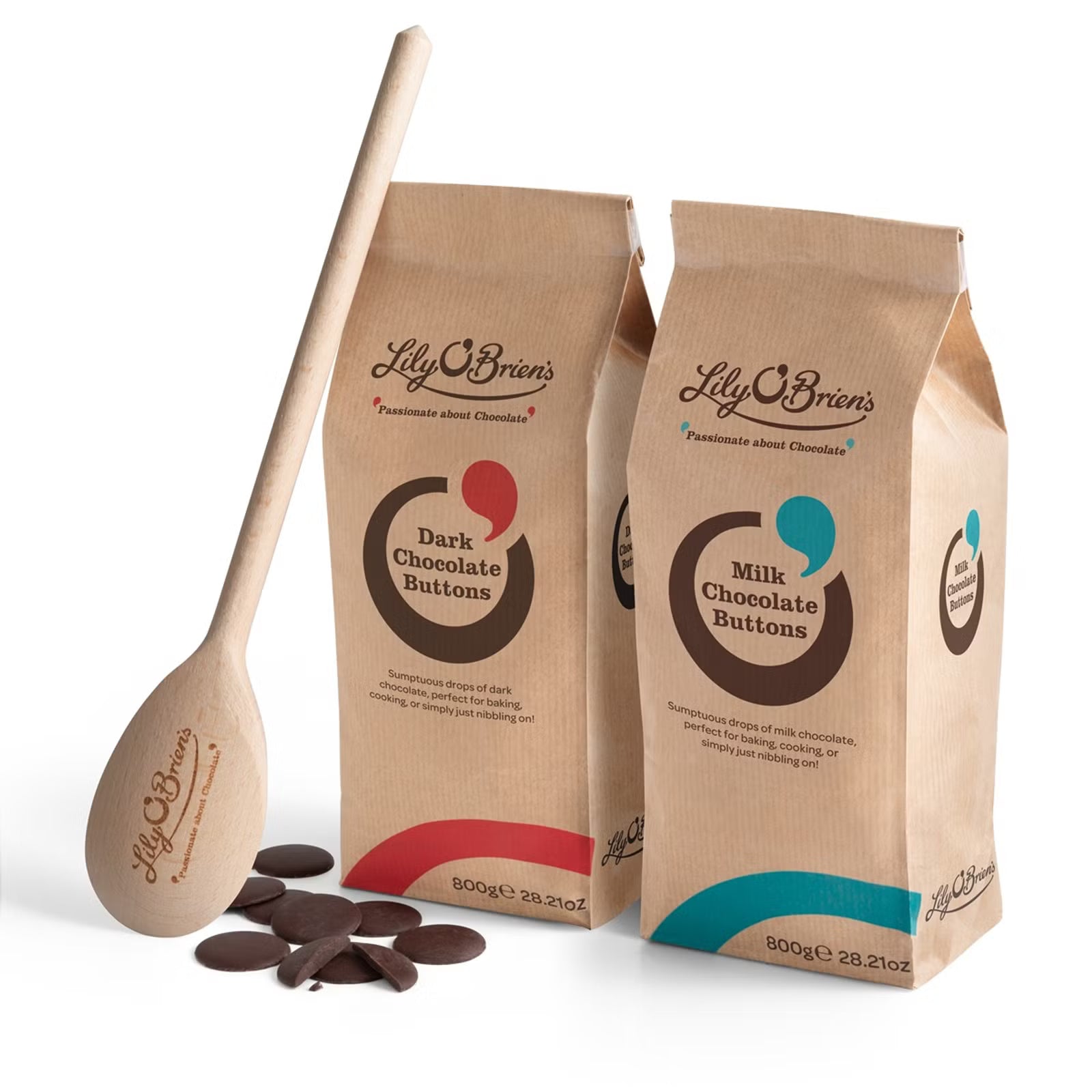 Lily O’Brien’s Milk & Dark Chocolate Baking Drops 1600g – 800g each with wooden spoon