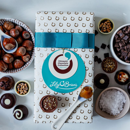 Gourmet chocolates including Death by Chocolate, Praline Perfection, and Sticky Toffee