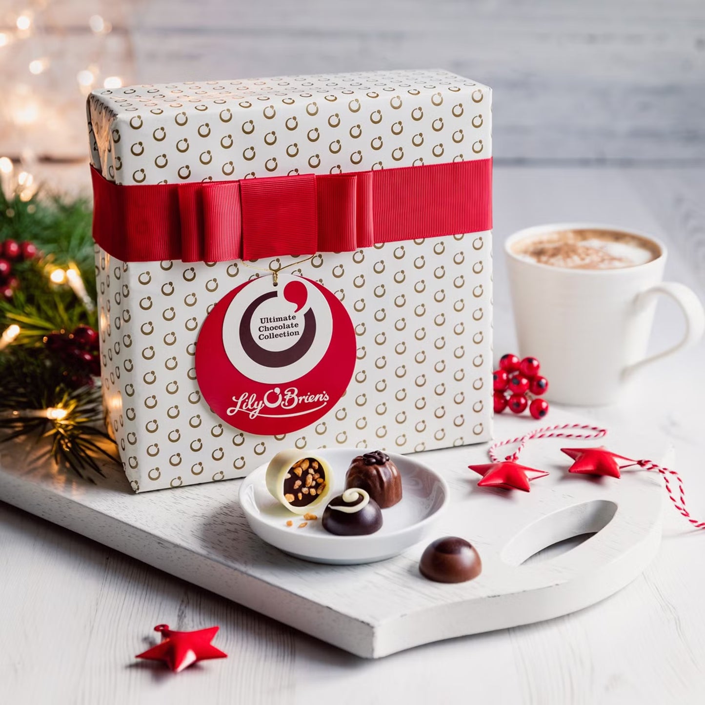 Handcrafted assortment of milk, dark, and white chocolates from Lily O’Brien’s