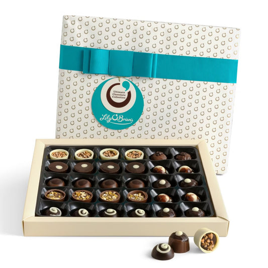 Premium turquoise-bow gift box of 30 luxury chocolates from Lily O’Brien