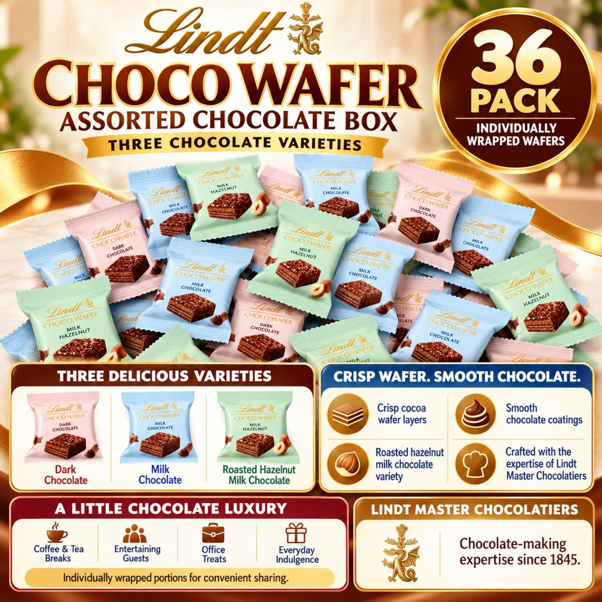 Lindt Choco Wafer box containing 36 individually wrapped pieces