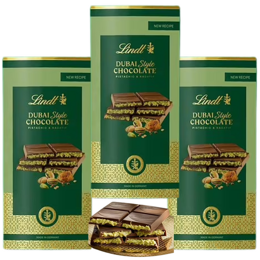 Lindt Dubai Chocolate 3-Pack 145g each with Swiss milk chocolate and pistachio crunch