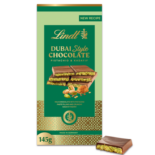 Lindt Dubai Chocolate Bar 145g with Swiss milk chocolate, pistachio paste, and crunchy kadayif