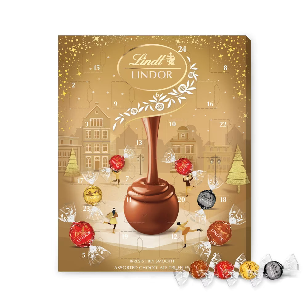 Lindt Lindor Gold Advent Calendar 233g with assorted milk, white, dark, and hazelnut truffles