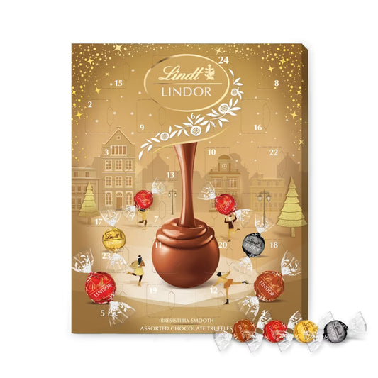 Lindt Lindor Gold Advent Calendar 233g with assorted milk, white, dark, and hazelnut truffles